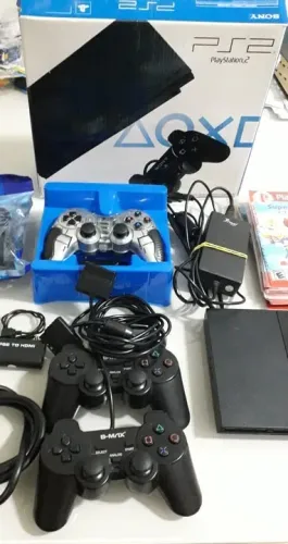playstation 2 com caixa 4 controles 10 jogos 2 memory card otimo estado