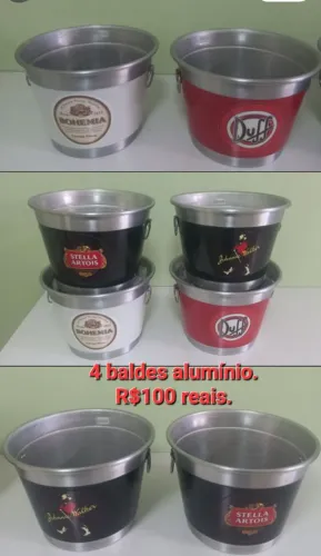 Jogo com 4 baldes de alumínio com adesivo, novos