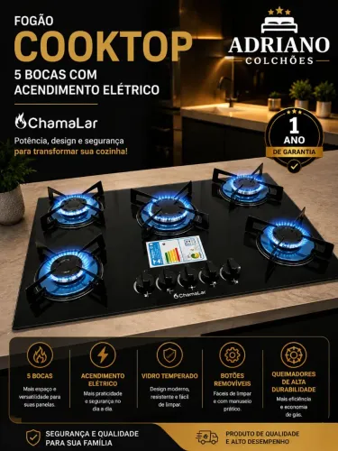 Fogão cocktop 5 bocas tripla chama com acendimento elétrico