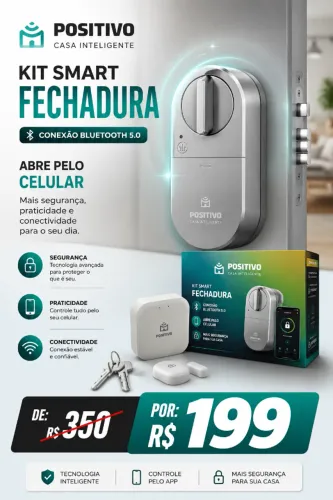 Kit Smart Fechadura Positivo Casa Inteligente, Conexão Bluetooth 5.0, Abre pelo Celular