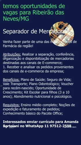 Vagas abertas para Separador de Mercadorias em Ribeirão das Neves/MG