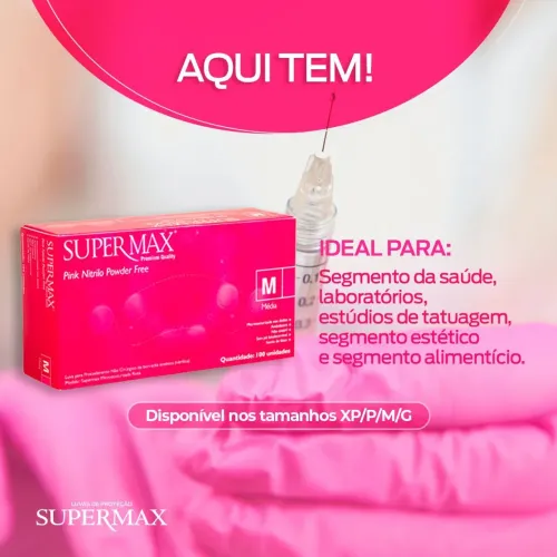 Luva Supermax Pink para Estética, Cílios e Unhas - P e M