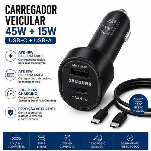 CARREGADOR VEICULAR SUPER TURBO SAMSUNG ORIGINAL 12V - IPHONE, XIAOMI, MOTOROLA