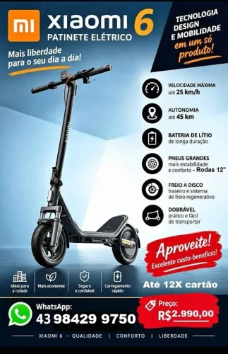 Patinete Xioami 6 R$2.990,00 em 12x - R$2.800,00 no pix