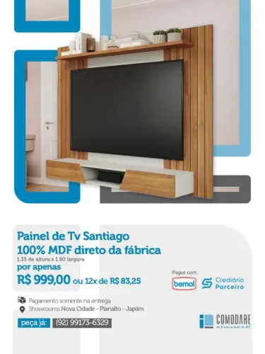 Painel para TV Santiago 1,80m 100% MDF | Com Prateleira e Nicho | Direto da Fábrica