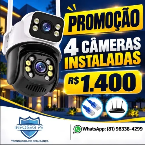 Promoção 4 câmeras de segurança WI-Fi instaladas com duas lentes