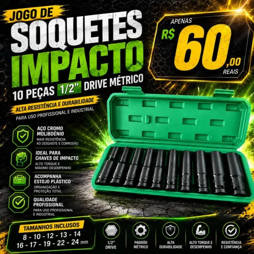 10 SOQUETES DE IMPACTO LONGOS 8 AO 32 MM