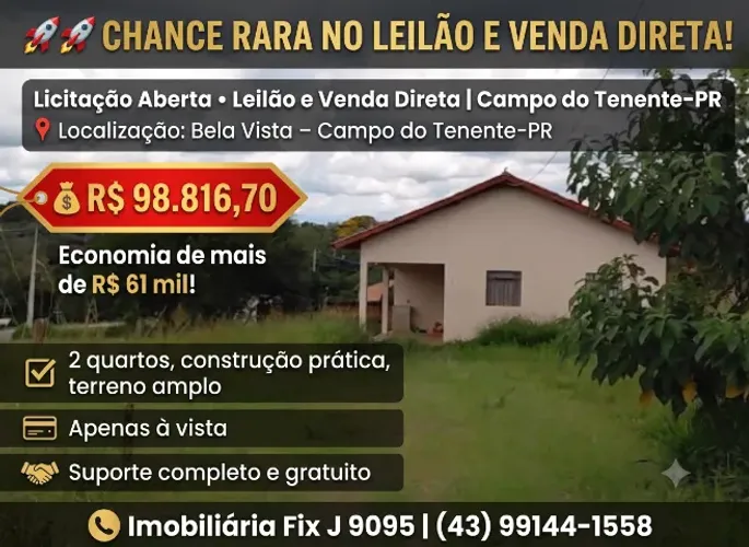 Condição facilitada ? Casa no Bela Vista, Campo do Tenente - PR, Nº 85, 2 quartos, 576m² |
