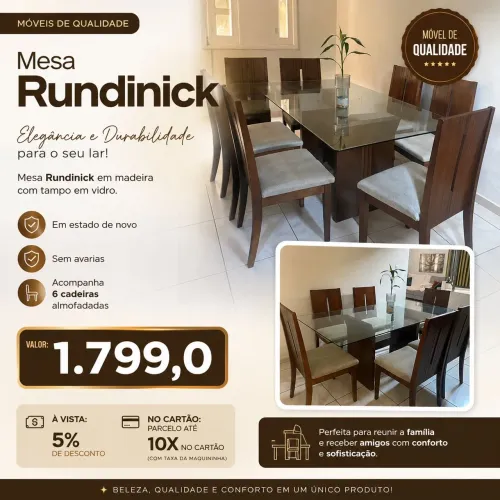 Mesa rundinick madeira maciça com tampo de vidro.. com 6 cadeiras almofadadas