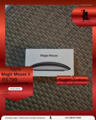 APPLE MAGIC MOUSE 3, PRETO, USB-C, LACRADO, EXCLUSIVO!