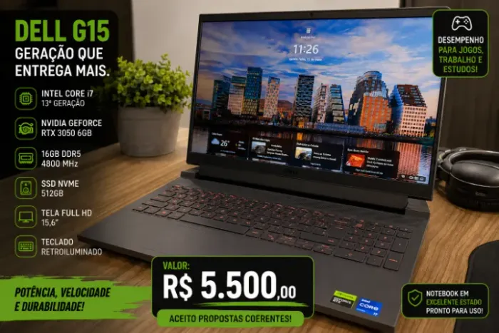 Dell G15 i7 13ª RTX 3050 6GB 16GB DDR5 SSD 512GB Gamer Excelente Estado