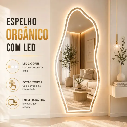 Espelho Grande Com Led 3 cores e Botão Touch