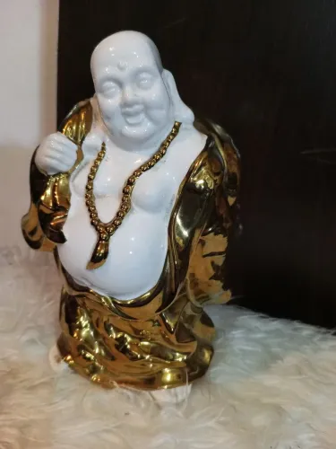 Estátua Buda Sorridente da Riqueza - Branco e Dourado (Impecável)