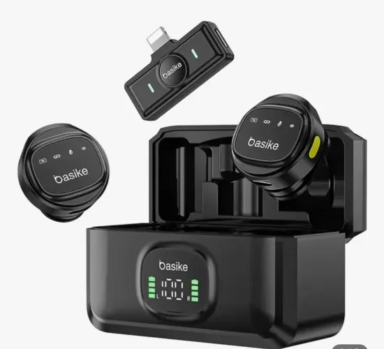 Microfone de Lapela Sem Fio Basike - Com Case Carregador e Display Digital