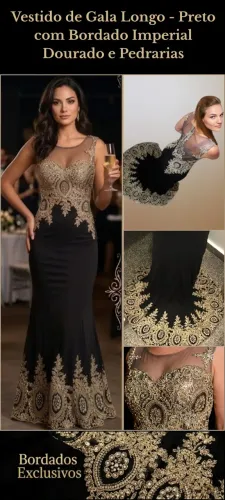 Vestido de Gala Longo - Preto com Bordado Imperial Dourado e Pedrarias