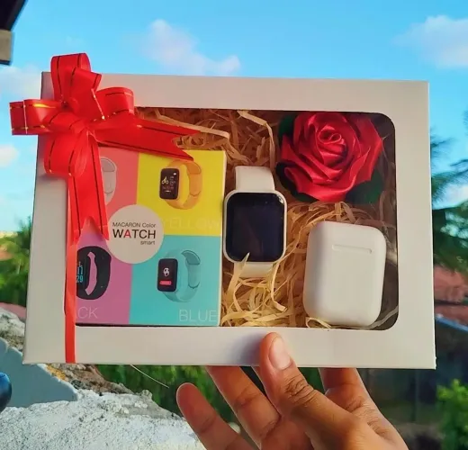 Kit de presente dia dos namorados - smartwatch d20s + fone bluetooth + rosa eterna 