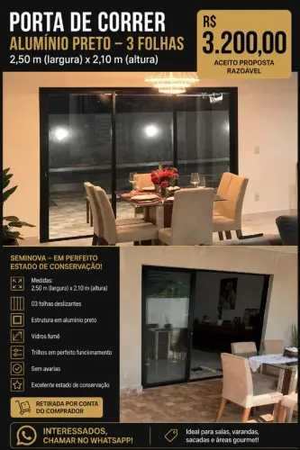 Porta Balcão Alumínio Preta 3 Folhas