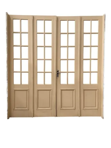 PORTA ANTIGA DE 4 FOLHAS MADEIRA MACIÇA COM BATENTES E VIDROS BISOTES