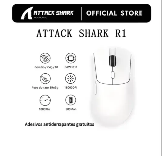 ATTACK SHARK R1 lightweight wireless game mouse18000dpi 1000 Hz Conexão Tri-mode PAW3311