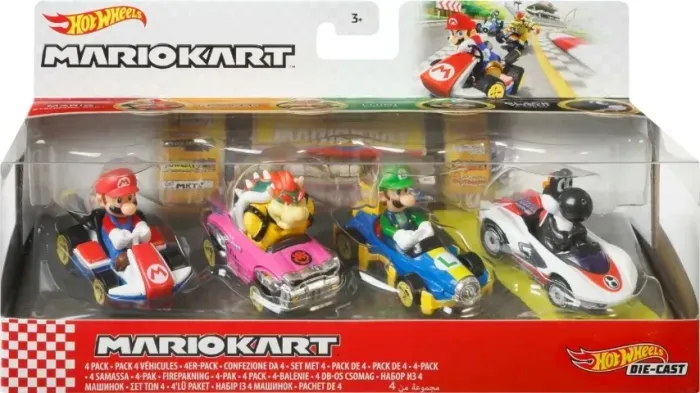 Hot Wheels Mario Kart Die-cast Pack 4 carrinhos Mario, Luigi, Bowser e Black Yoshi
