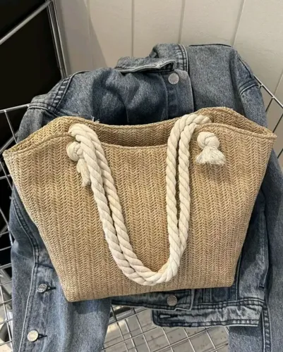 Bolsa Tote de Palha com Alça de Corda / Estilo Praia e Casual