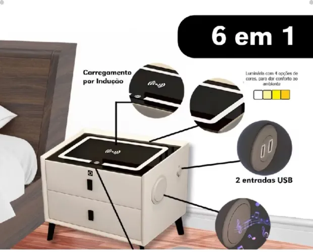 Mesa de Cabeceira Inteligente 2 Gavetas Branca ou Cinza com Digital LED