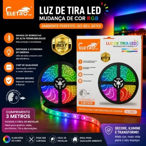 Fita De Led Rgb 3m Controle Por Voz El-8001 Eletreomex