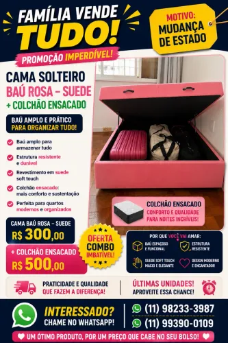 Cama Baú Solteiro Rosa