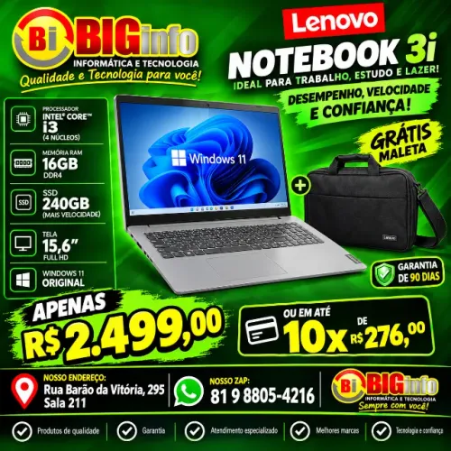 Notebook Lenovo 3i - i5 11Geracao 16gb 256gb Ssd - Tela 15.6 Iris - em ate 10x Fixas