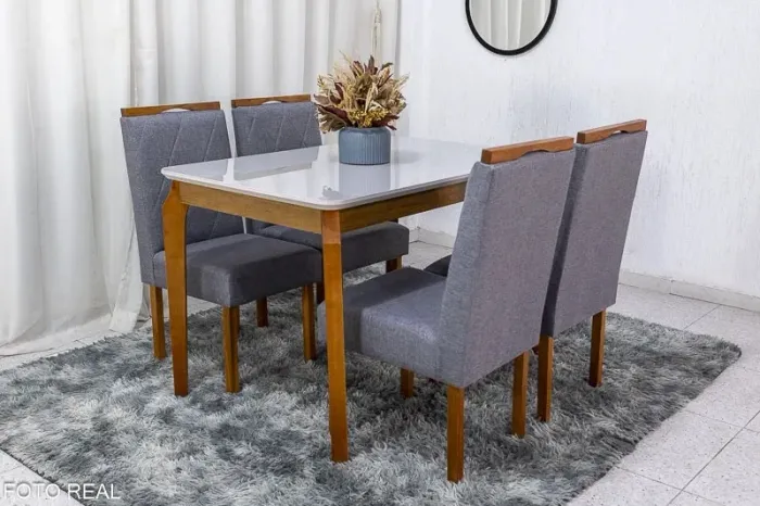 Mesa de Jantar 120×80 4 Cadeiras Diamante Linho Cinza Madeira Maciça rf544