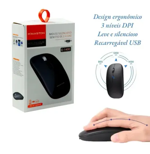MOUSE SEM FIO USB 1600 DPI 5 BOTOES RECARREGAVEL HMASTON E-1400 CORES DIVERSAS