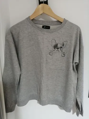 Blusa de Moletom Cinza com Bolso e Bulldog Francês