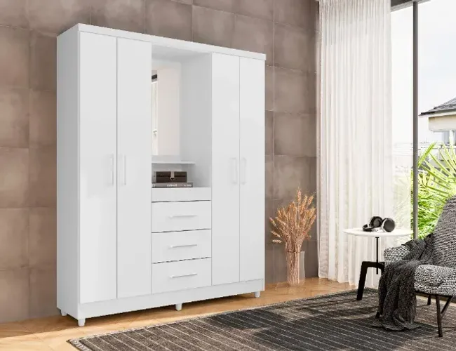 Roupeiro Capelinha Lyon 150 cm - Espelho Interno, 4 Portas e Cabideiros em madeira Revest