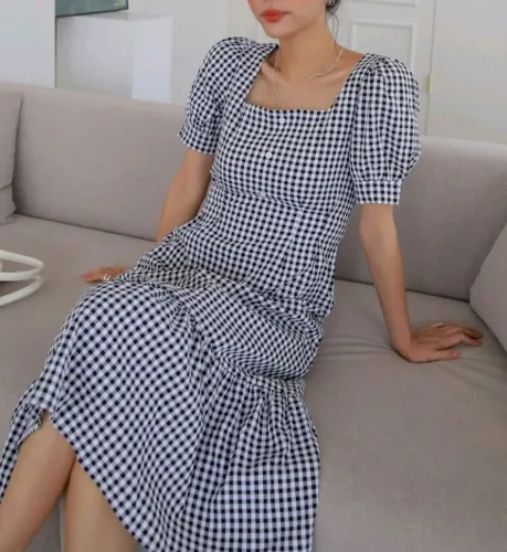 Vestido xadrez com manga bufante Dazy P