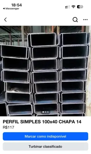 Perfil simples 100x40 chapa 14
