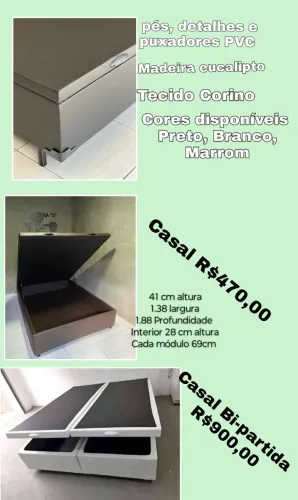 Cama Box Casal com Baú simples e Bi-partida - Diversas Cores