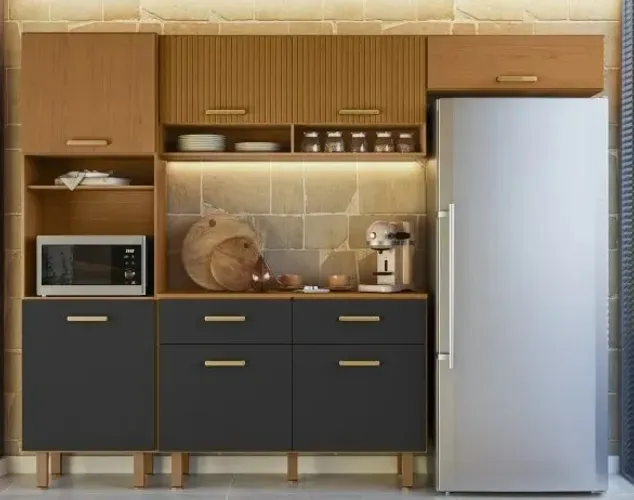 kit Cozinha Modulada Grande 7 Portas 2 Gavetas Freijó/Cinza Detalhe Ripado