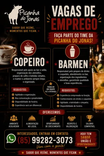 Vaga para copeiro e Barmen disponível 