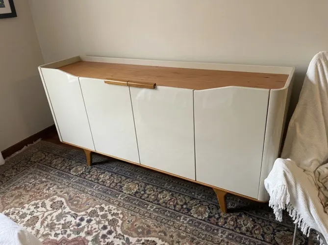 Buffet Aparador Retrô (160x40cm) Off-White e Madeira - 4 Portas (Seminovo