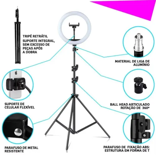 Ring Light Iluminador 10 Polegadas Com Tripé 2.10 Metro LED Para Celular Iluminação Profis