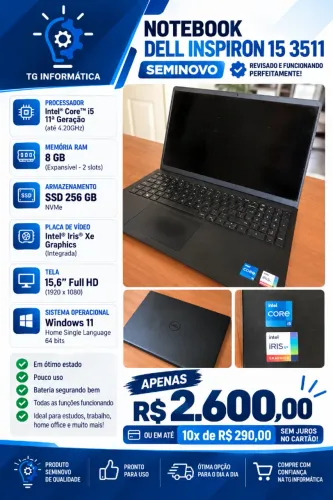 Notebook Dell i5-11ª, 8GB RAM, 256GB SSD