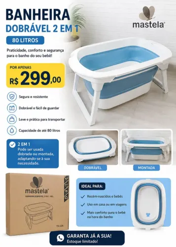 Banheira Dobrável Bebê Mastela 2 em 1 Azul 80 Litros Compacta.