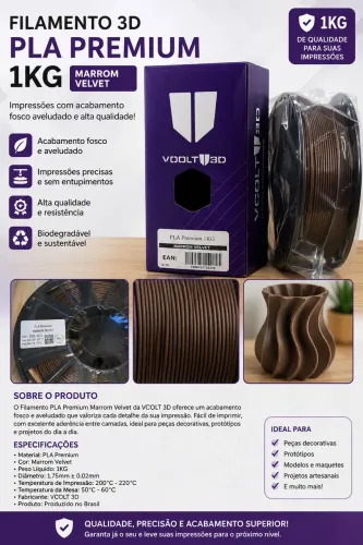 Filamento PLA Premium Voolt 3D 1Kg Marrom Velvet - Alta Qualidade