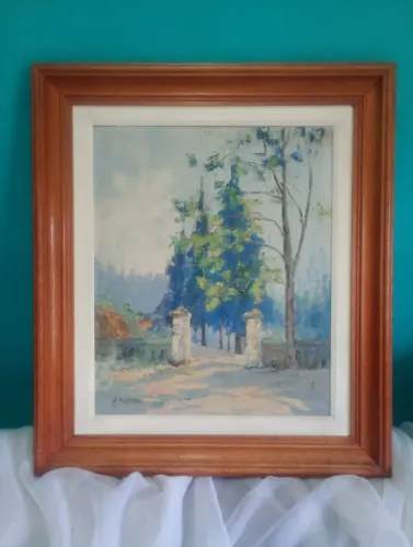 Óleo sobre Eucatex com moldura em madeira - Paisagem A.Furtado