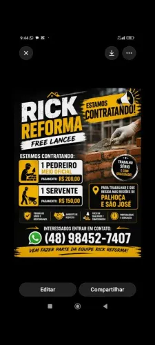 Contrata-se servente e pedreiro 