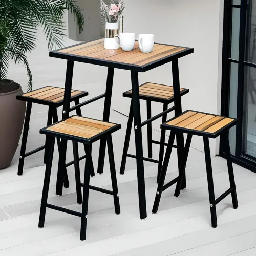 Conjunto Mesa Quadrada Preta + 4 bancos (Aço e Madeira)