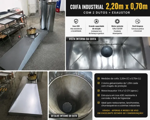 Coifa industrial 2.2x0.70 inox Seminova Com Motor (6 meses de uso)