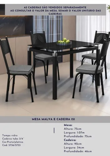 Mesa Vidro + 4 cadeiras tubo