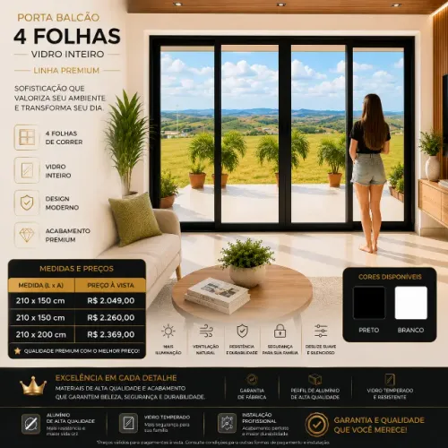 Porta Balcão 4 Folhas Vidro Inteiro Linha Premium Alumínio Preto 210x150