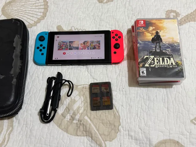 Nintendo Switch V2 Neon + 5 Jogos Top em Mídia Física + Case do Zelda